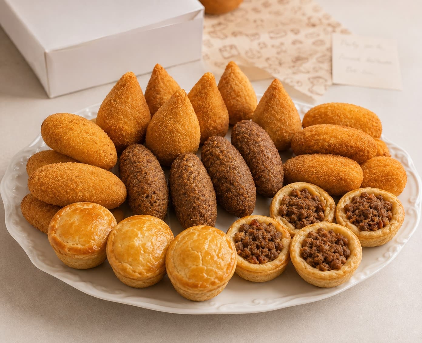 Bandeja de salgadinhos de festa montada para entrega